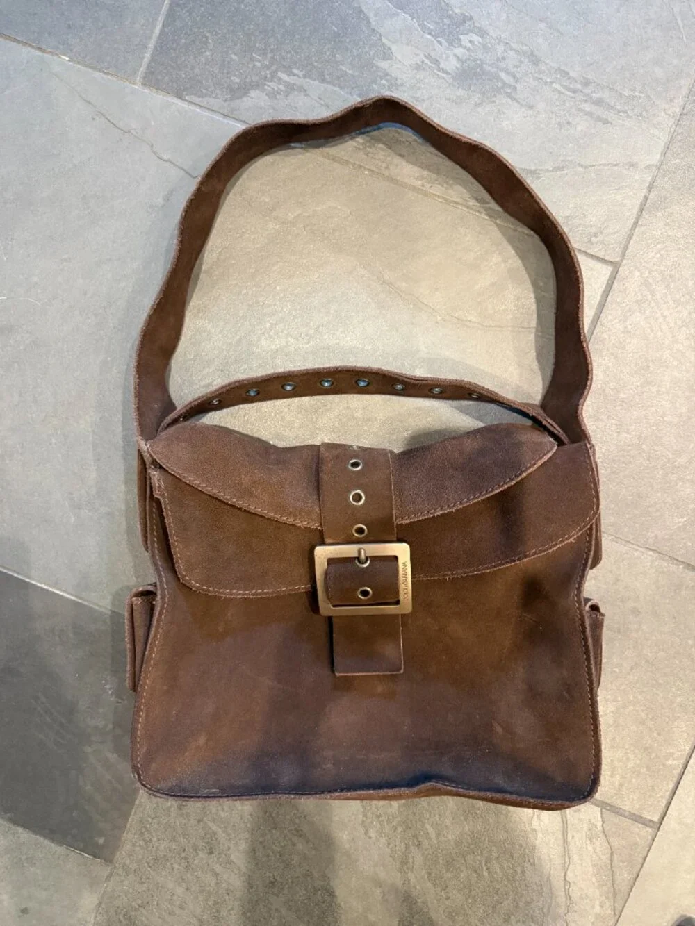 Vintage Dolce & Gabbana Brown Suede Grommet Shoulder Bag Y2K Leopard D&G